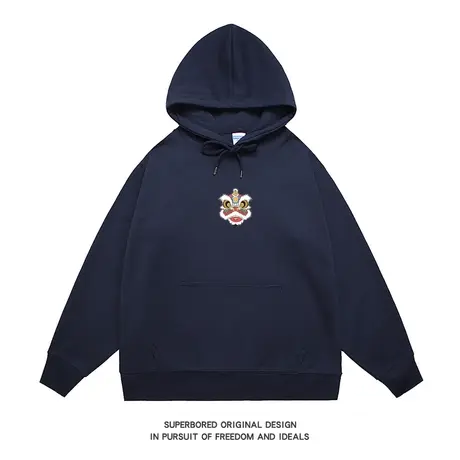 国潮醒狮中国风小狮子红色卫衣男秋冬款宽松套头情侣装上衣帽衫商品大图