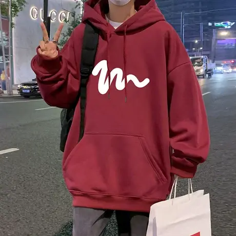 连帽加绒情侣卫衣男秋冬季国风宽松发泡印花衣服潮流加厚保暖外套商品大图