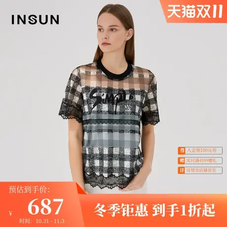 恩裳商场同款夏季时尚格纹薄款宽松蕾丝衫女短袖商品大图