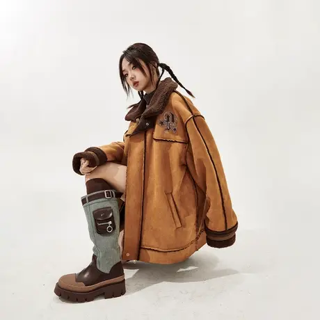 复古麂皮绒拼接棉服女冬季羊羔毛外套2023年新款宽松oversize棉衣商品大图