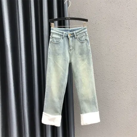 欧货个性拼接直筒裤女23秋冬新款浅蓝色设计感加绒保暖牛仔九分裤图片