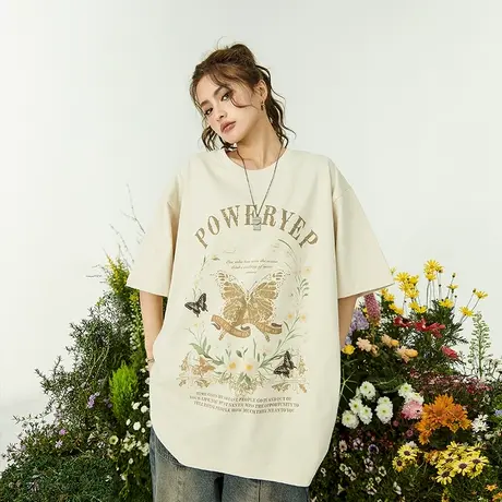 YEP蝴蝶印花短袖t恤女夏装2023年新款美式复古宽松oversize上衣潮商品大图