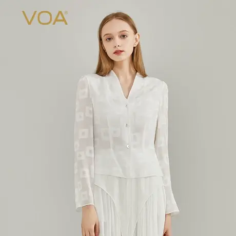 VOA双层桑蚕丝V领泡泡长袖单排扣不对称衣摆云朵白提花真丝衫商品大图