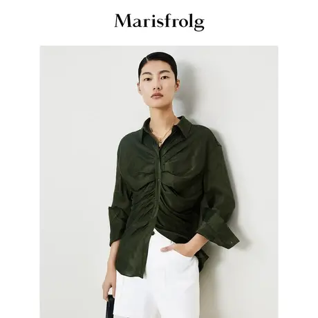 【精工衬衫】玛丝菲尔夏季墨绿色不规则褶皱式长袖衬衫图片