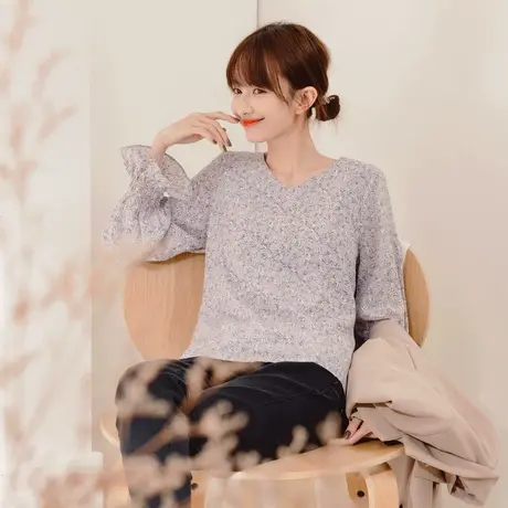 桔熊春秋韩版洋气小衫通勤碎花伞摆荷叶长袖上衣女装大码AB16518商品大图