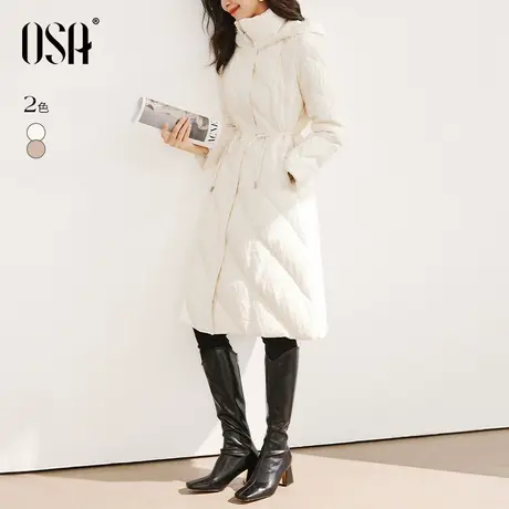 OSA欧莎白色水貂毛中长款连帽收腰轻薄羽绒服女秋冬季2023年新款商品大图