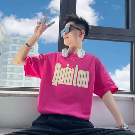 2023夏季男潮流美式个性T恤休闲字母印花短袖设计感重工半袖体恤图片