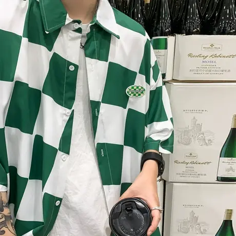 棋盘格短袖衬衫男夏季新款撞色潮流百搭衬衣ins港风宽松情侣外套商品大图