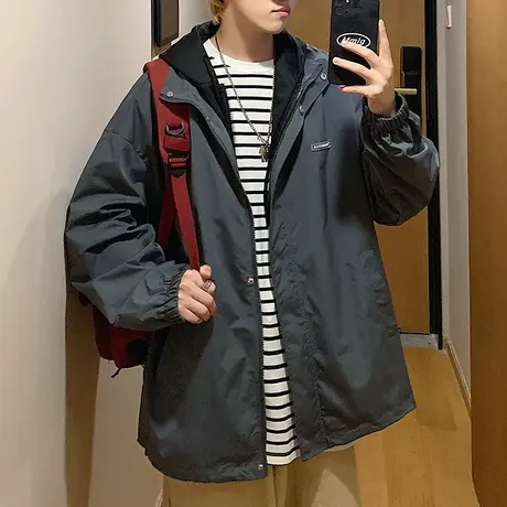 假两件男士外套休闲春秋装连帽港风春季夹克男潮牌宽松棒球服上衣商品大图