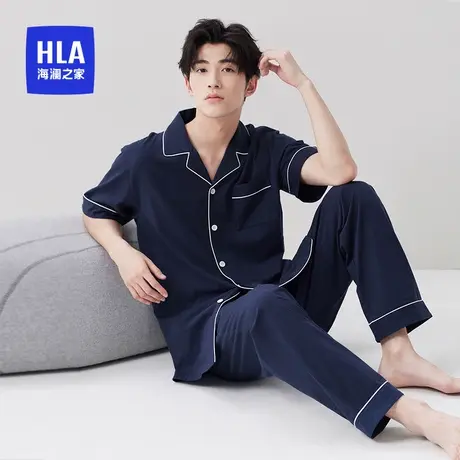 HLA/海澜之家男士青年纯棉3A抑菌翻领短袖长裤夏季休闲家居服套装商品大图
