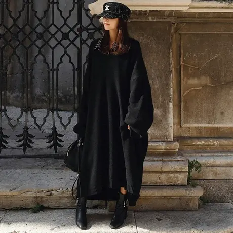 秋冬新款毛衣女过膝长款韩版宽松大码蝙蝠袖V领毛针织衫毛衣裙潮图片