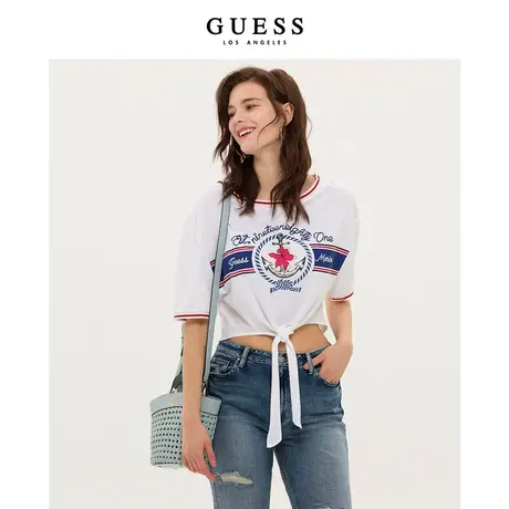 GUESS款女露腰系带上衣小众设计感短款短袖T恤-W3GI19JA914商品大图