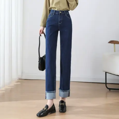 时尚气质百搭牛仔裤2023年秋季新款女士简约高腰显瘦通勤直筒长裤商品大图