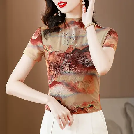 复古气质妈妈装夏季时尚网纱短袖T恤女漂亮印花上衣修身立领小衫商品大图