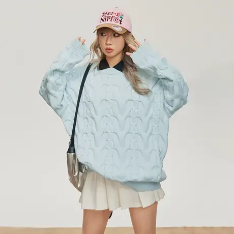 慵懒风潮牌麻花毛衣女秋冬2023年新款复古保暖针织衫宽松无帽上衣图片