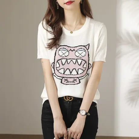 冰丝短袖t恤女宽松大码女装2023新款夏季印花针织衫半袖上衣体恤商品大图