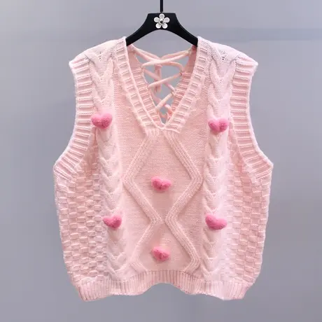 V领爱心设计感针织马甲女秋冬2023新款日系甜美宽松无袖坎肩背心商品大图