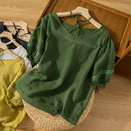 短袖苎麻上衣宽松文艺复古夏天薄款棉麻小衫百搭小众设计2022新款商品大图