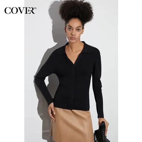 COVER2023春款曲珠V领针织开衫羊腿袖收腰弹力可机洗上衣图片