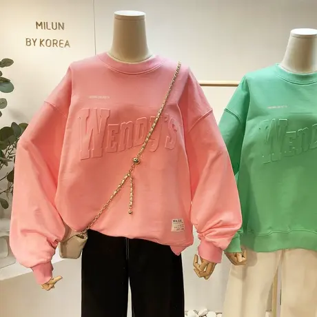 2021春季新款韩国东大门ins纯色字母卫衣毛圈棉慵懒休闲宽松显瘦商品大图