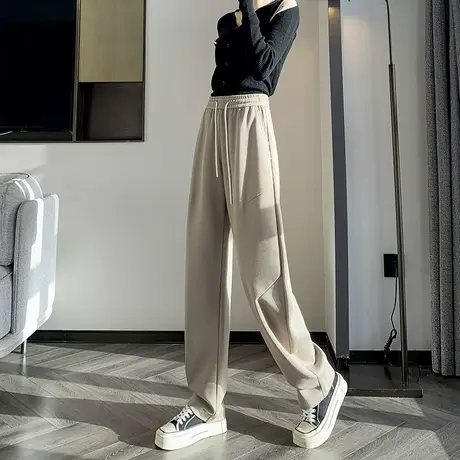 宽松阔腿卫裤女春秋2023新款美式高腰卡色垂感抽绳休闲直筒运动裤商品大图