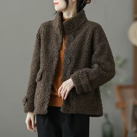 dza 文艺复古加厚宽松羊羔绒外套女士休闲上衣冬装百搭新短款外搭图片