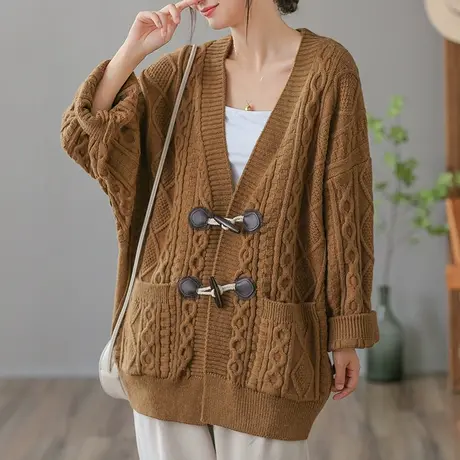 dza 复古中长款宽松毛衣外套女春秋新款V领针织开衫休闲大码上衣图片