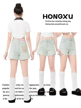 红续牛仔短裤女夏季2023新款高腰显瘦辣妹设计感小众百搭磨破热裤图片