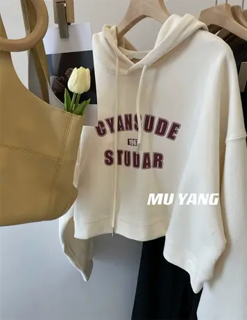 时髦懒人短款上衣 2022韩国字母印花宽松连帽卫衣女春秋薄款外套商品大图