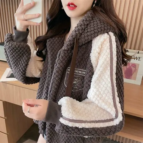 撞色羊羔毛外套女2023新款秋冬季韩版宽松小个子加绒加厚开衫卫衣商品大图