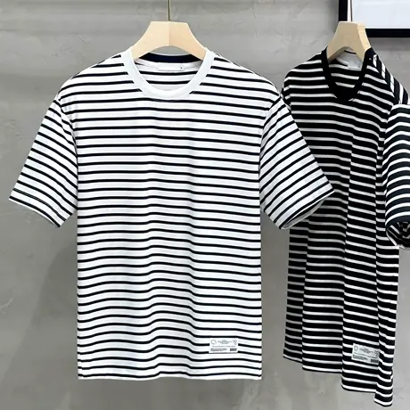 夏季新款220G棉氨黑白间条圆领条纹T恤男宽松休闲男士短袖打底衫商品大图
