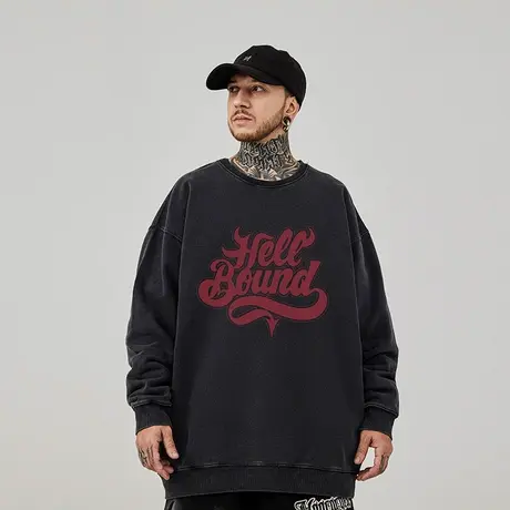 水洗做旧大码圆领男卫衣春秋款美式oversize落肩情侣宽松大码上衣商品大图