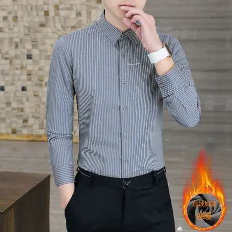 长袖衬衫男士2023秋冬新款无痕商务休闲衬衣条纹加绒厚高级感寸衫图片