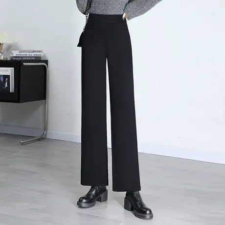 加绒长裤阔腿裤女秋冬2023新款松紧高腰垂感显瘦毛呢直筒裤休闲裤商品大图
