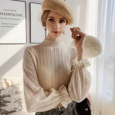 粉红大布娃娃羊毛衫女新款春季半高领打底镂空针织衫内搭套头上衣图片