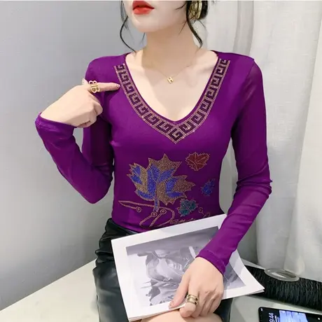 春秋2024新款T恤重工镶钻双层冰丝网纱长袖内塔上衣女修身打底衫图片