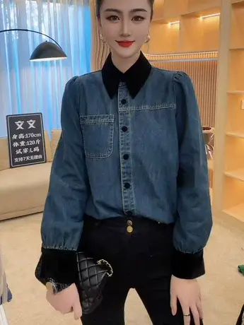 蓝色牛仔衬衫长袖2023冬季加绒宽松新款复古小个子外套衬衣上衣潮商品大图