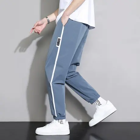 唐狮蓝色休闲长裤男士春秋新款修身潮流裤子白条纹运动裤时尚潮流商品大图