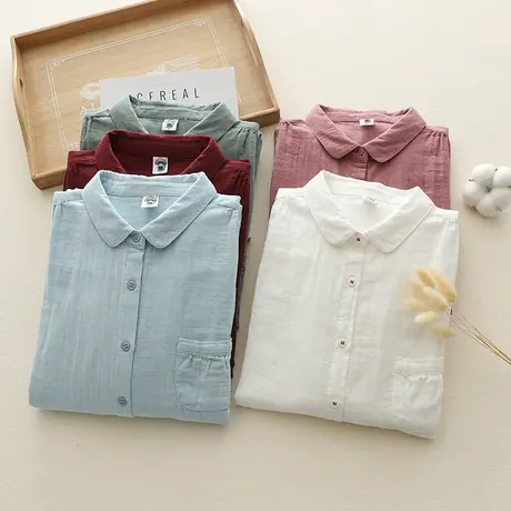 春秋季韩版文艺小清新双层纱纯棉长袖衬衫女学生宽松百搭打底上衣图片