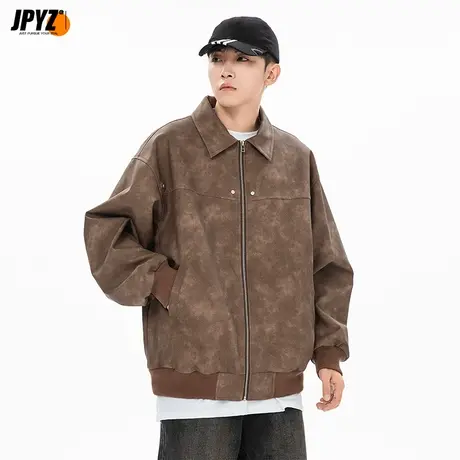 男士皮质夹克男女同款春秋薄款美式休闲翻领宽松机车痞帅高级外套商品大图