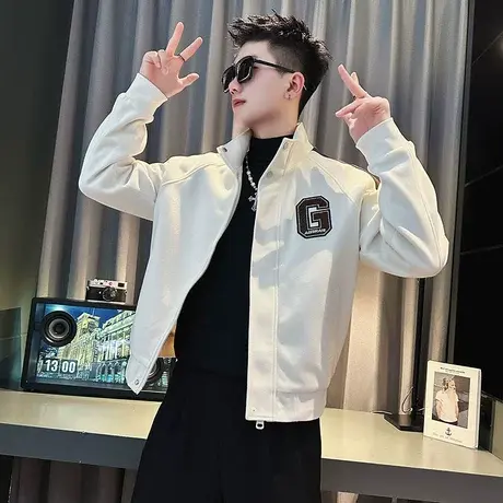 美式刺绣字母外套男春季新款潮牌拼色休闲设计感轻熟立领工装夹克图片