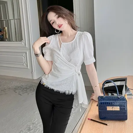 设计感小众绑带印花短袖衬衫新款薄款圆领名媛风气质优雅蕾丝上衣图片