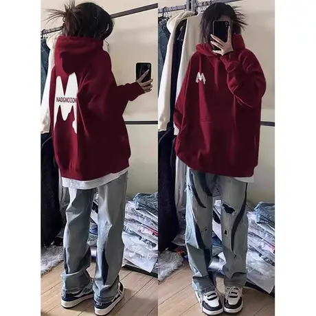 oversize酒红色连帽卫衣女秋冬季加绒加厚宽松韩系慵懒风上衣外套商品大图