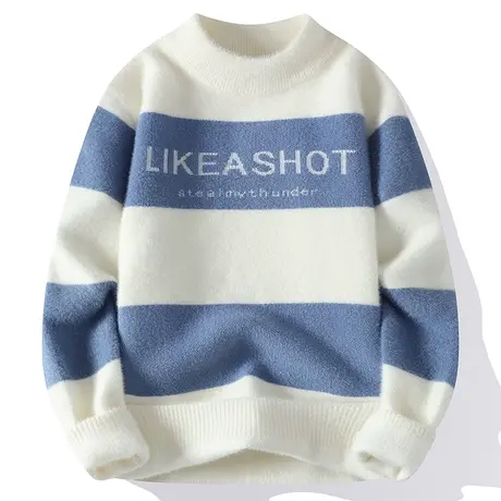 半高领毛衣男潮流休闲条纹针织打底衫青少年水貂绒内搭保暖线衣服商品大图