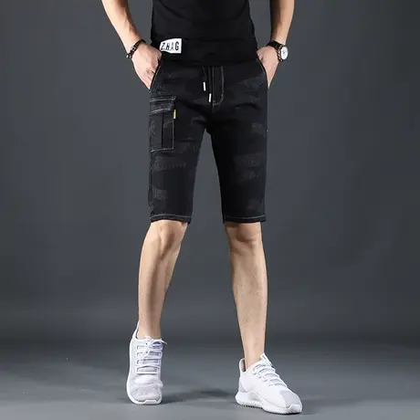 黑色迷彩牛仔裤男潮牌牛仔短裤潮修身五分腰潮流韩版夏季薄款中裤商品大图