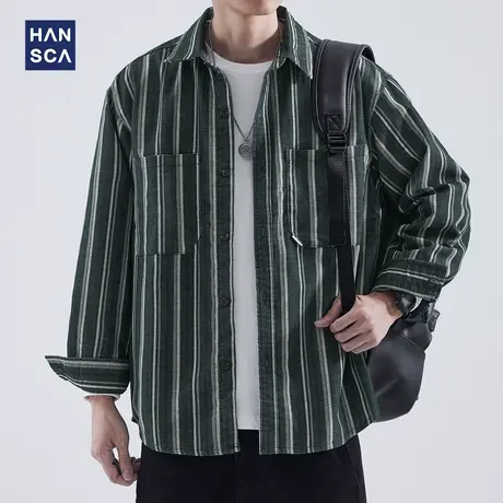 hansca条纹长袖衬衫男士秋季美式复古潮流痞帅高级感工装衬衣外套商品大图