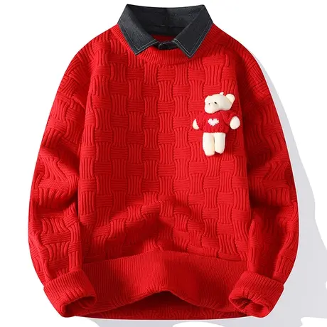 立体小熊可拆假两件毛衣冬本命年红色衬衫领针织衫新年内搭打底衫商品大图