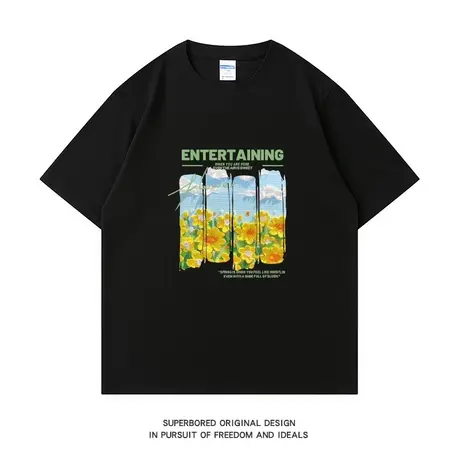 夏季花卉花朵纯棉短袖T恤男夏季ins港风潮流情侣宽松半袖体恤上衣图片