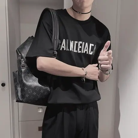 短袖T恤男夏季2024新款个性英文字母半袖圆领上衣潮流百搭半截袖商品大图