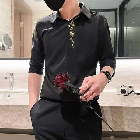 夏季短袖衬衫男潮流韩版痞帅刺绣高级感发型师修身内搭七分袖衬衣商品大图